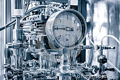 Pressure equipment, chemical or pharmaceutical factory or plant workshop with metal industrial manufacturing production equipment Stock Photo