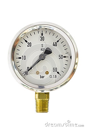 Pressure gauge in BAR unit,bourdon tube type isolate on white with clipping path Stock Photo