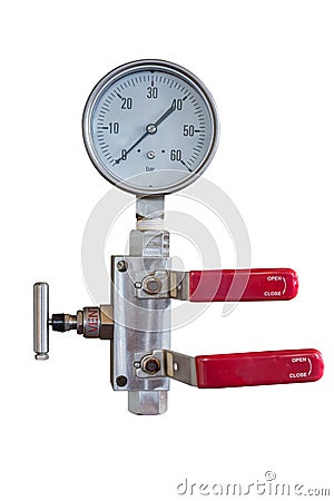 Pressure gauge and fitting with double block and bleed valve manifold isolate on whit with clipping path Stock Photo