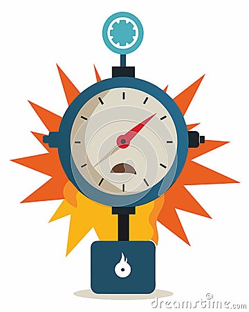 A pressure gauge reaching its critical point much like the head depicted as a pressure cooker ready to explode from Vector Illustration