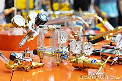 Pressure gauge regulator manometer and cylinder content capacity gauge and argon flow meter equipment for acetylene oxygen gas tig Stock Photo