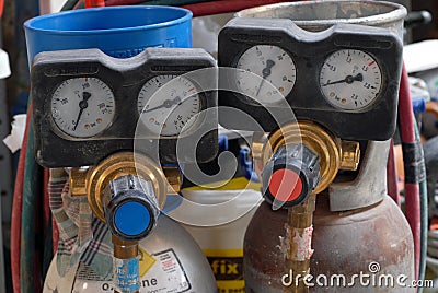 Pressure gauges for acetylene and oxygen cylinders close-up Stock Photo