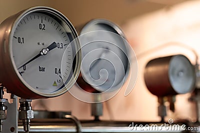 Pressure meter and other mechanical gauges Stock Photo