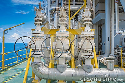 Pressure safety valve install at discharge of feed gas compressor at offshore oil and gas central processing platform Stock Photo