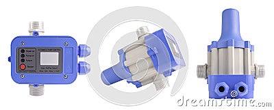 Pressure Switch isolated on white background. Automatic Pump Control in different angles. Stock Photo