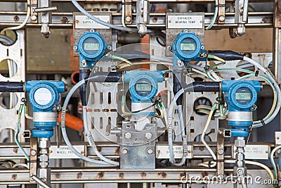 Pressure, Temperature, differential and flow transmitter for monitor and sent measuring value to programmable logic controller Stock Photo