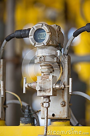 Pressure transmitter for monitor and sent measuring value to programmable logic controller PLC to control oil and gas process Stock Photo