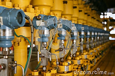 Pressure transmitter in oil and gas process , send signal to controller and reading pressure in the system, Transmitter in oil Stock Photo