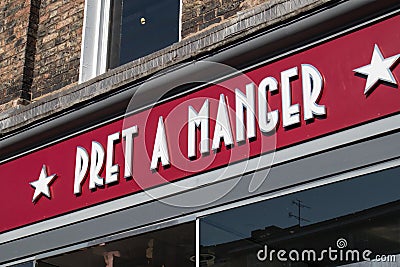 Pret a Manger cafe restaurant sign on side of shop Editorial Stock Photo