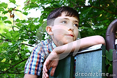 Preteen handsome boy climb village fence Stock Photo