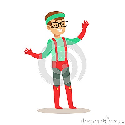 Pretending To Have Super Powers Dressed In Green And Red Superhero Costume With Suspenders And Glasses Smiling Character Vector Illustration