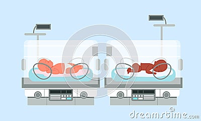 Preterm baby incubator with infants, neonatal intensive therapy, neonatologist equipment Vector Illustration