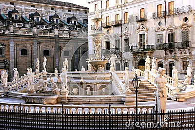 Pretoria square, baroque fountain statues. Palermo Stock Photo