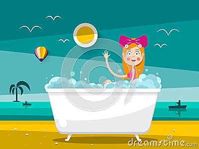 Prett Woman in Bathtub on Sand Beach with Ocean Landscape Vector Illustration