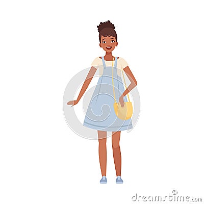 Pretty Afro-American Teenager Female Wearing Jeans Dress Smiling Flat Vector Illustration Vector Illustration