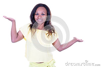 Pretty american african woman presenting empty blank palm in white background Stock Photo