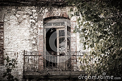 Pretty balcony in abandoned building in Greece. Stock Photo