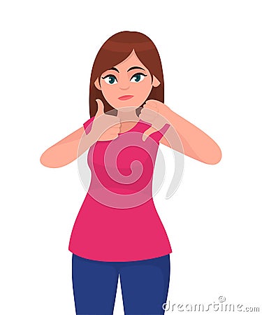 Pretty/beautiful young woman showing or gesturing thumbs up and down sign. Girl making good and bad sign. Positive-Negative. Vector Illustration