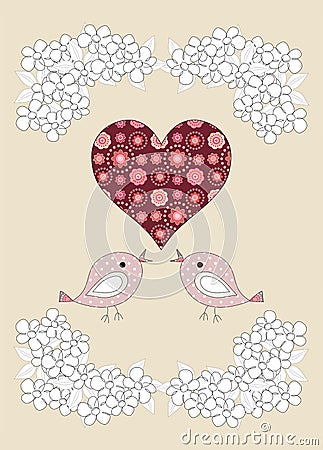 Pretty birds, flowers and a heart Cartoon Illustration