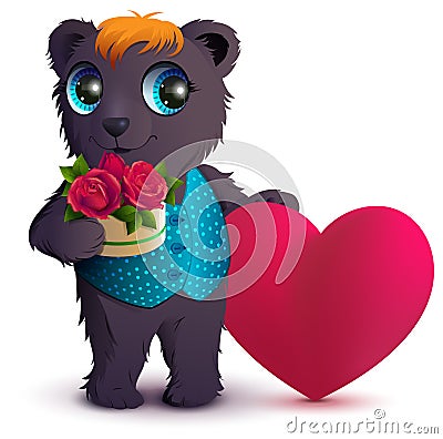 Pretty black bear holds basket bouquet red rose and red heart symbol of love. Gift for Valentines Day Vector Illustration