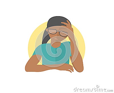 Pretty black girl in glasses depressed, sad, weak. Flat design icon. woman with feeble depression emotion. Simply editable isolate Vector Illustration