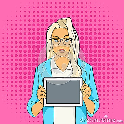 Pretty Blonde Girl Hold Tablet Computer Pop Art Colorful Retro Style Vector Illustration