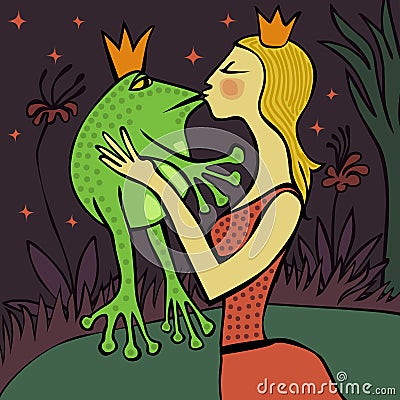 Pretty blonde princess kissing a frog Vector Illustration