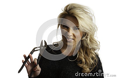 Pretty Blonde Snarling Mean Face Holding Pliers Isolated Background Stock Photo