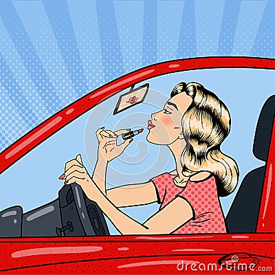 Pretty Blonde Woman Applying Lipstick While Driving a Car. Pop Art Vector Illustration