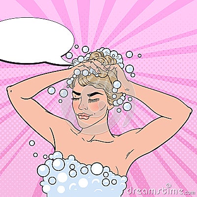 Pretty Blonde Woman Washing her Head with Shampoo. Morning Shower. Pop Art illustration Vector Illustration