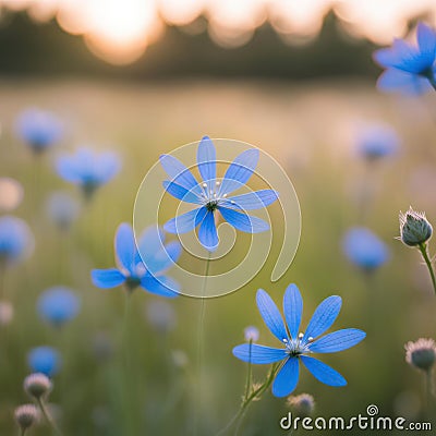 Blue Daisy Wildflowers In Summer Meadow Stock Photo