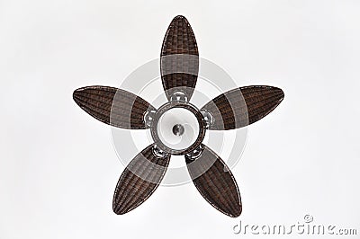 Pretty Brown Wicker Ceiling Fan against White Background Stock Photo