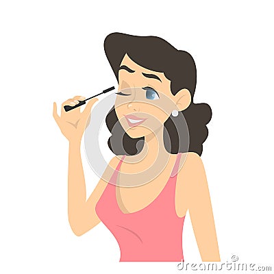 Pretty brunette girl apply mascara on eyelashes Vector Illustration
