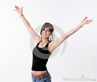 Pretty Brunette Woman Holds Arms Outstretched Jubilant Looking Up Stock Photo