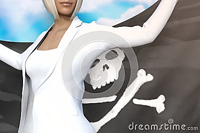 Young business woman holds Pirate flag in hands behind her back on the blue sky background - flag concept 3d illustration Cartoon Illustration