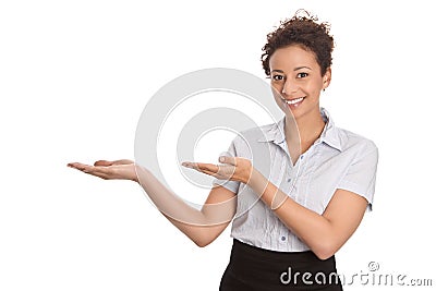 Pretty business or sales woman showing with hand gesture isolate Stock Photo