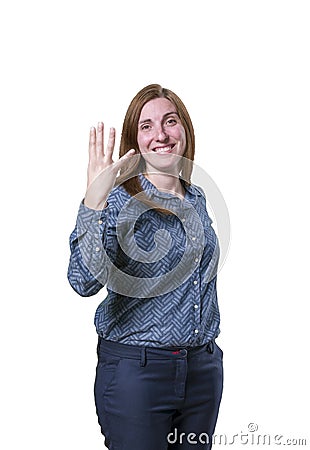 Pretty business woman counting four over white background. Stock Photo