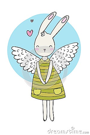 Pretty cartoon bunny girl in a dress. Rabbit with wings. Vector Illustration