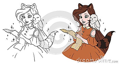 Pretty cartoon girl with adorable owl. Girl with raccoon ears and tail reading the letter. Hand drawn vector illustration. Can be Vector Illustration