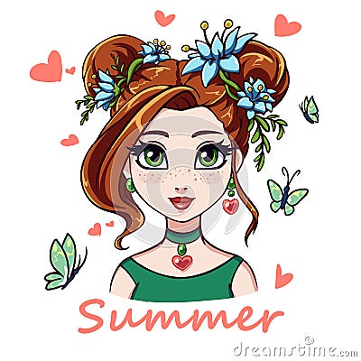 Pretty cartoon girl portrait. Big green eyes, red hair and blue flowers. Hand drawn vector illustration, isolated on white Vector Illustration