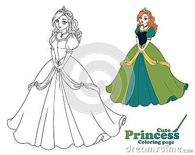 Pretty cartoon princess standing and wearing beautiful long dress Vector Illustration