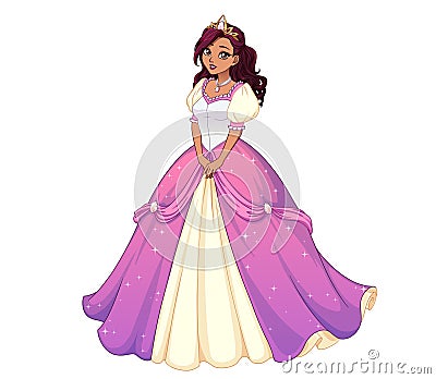 Pretty cartoon princess standing and wearing pink ball dress. Dark curly hair, big brown eyes Vector Illustration