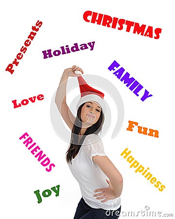 Pretty casual woman in red christmas hat Stock Photo
