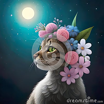 cat with a pink crown of colorful flowers Stock Photo