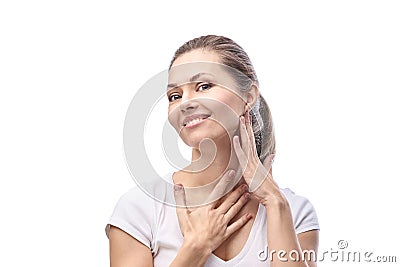 Pretty caucasian girl. Home skincare routine. Self massage. Stock Photo