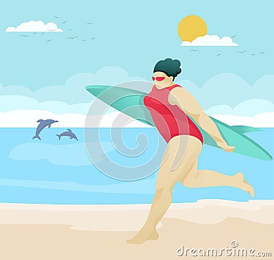 Pretty Clubby Lady Running on Beach with Surfboard Vector Illustration