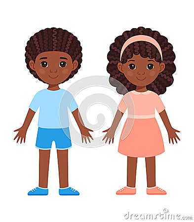 Pretty Couple. Black Boy and Girl. Children with Afro Curly Hairstyles. Preschool kids with Brown Skin, in Clothes. A Doll in a Vector Illustration