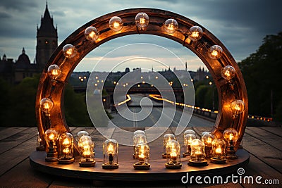 a pretty creative structure of round wood sign with glowing bulbs Stock Photo