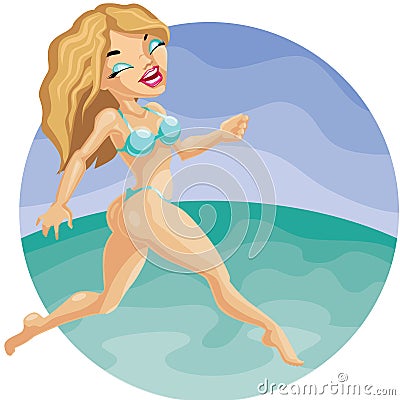 Pretty cute blond girl in bikini run on the beach Vector Illustration