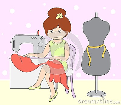 Pretty cute seamstress is sitting at the sewing machine. Mannequ Vector Illustration